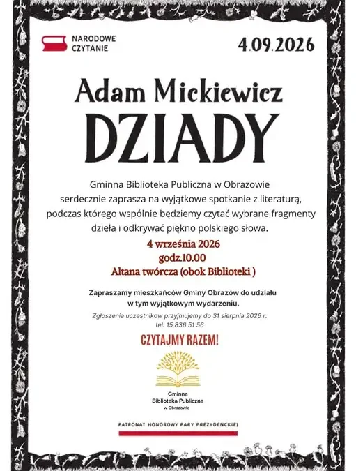 Narodowe Czytanie 2026 w Obrazowie: Wspólne czytanie „Dziadów” Mickiewicza