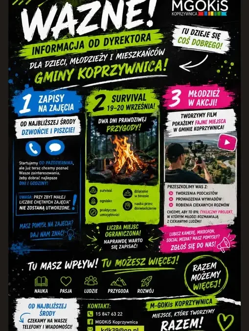 MGOKiS w Koprzywnicy ogłasza zapisy na zajęcia i survival dla młodzieży