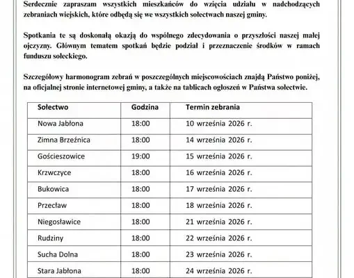 Fundusz sołecki 2027 – harmonogram zebrań wiejskich w gminie Niegosławice