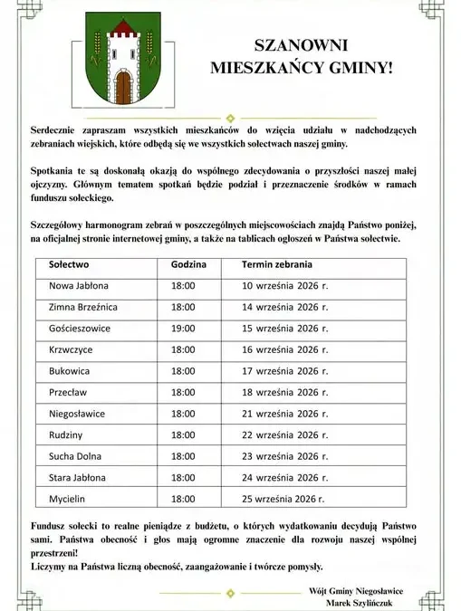 Fundusz sołecki 2027 – harmonogram zebrań wiejskich w gminie Niegosławice