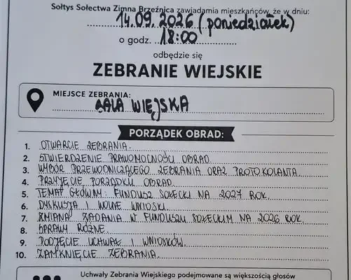 Zebranie wiejskie w Zimnej Brzeźnicy – zdecyduj o funduszu sołeckim 2027