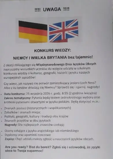 Konkurs wiedzy o Niemczech i Wielkiej Brytanii w Zespole Szkół w Koprzywnicy