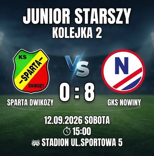 Sparta Dwikozy przegrywa 0:8 z GKS Nowiny w drugiej kolejce juniorów starszych