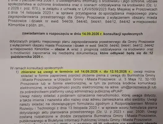 Proszowice: trwają konsultacje społeczne w sprawie planu zagospodarowania przestrzennego dla Klimontowa
