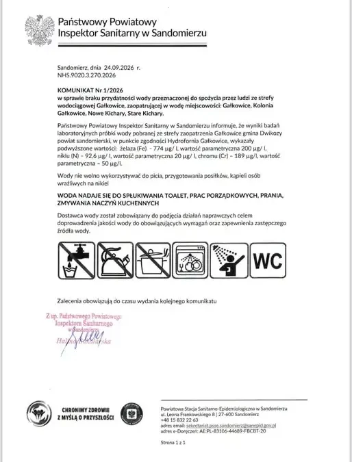 Woda z ujęcia Gałkowice niezdatna do spożycia – komunikat PPIS w Sandomierzu