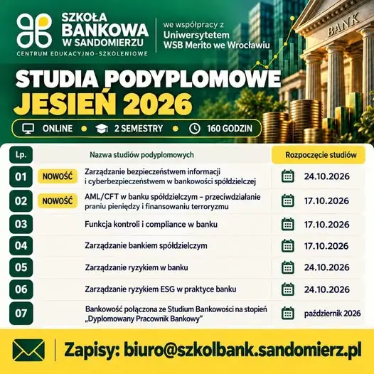 Szkoła Bankowa w Sandomierzu zaprasza na studia podyplomowe online