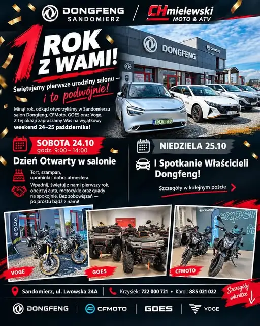 Pierwsze urodziny salonu Dongfeng, CFMoto i Voge w Sandomierzu – świętuj z nami 24-25 października